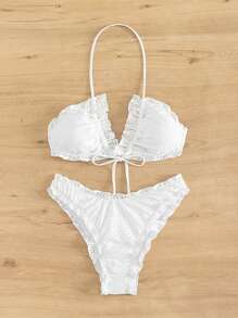 Swim SXY Summer Beach Frill Trim Halter Bikini Set - White - View 6
