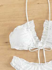 Swim SXY Summer Beach Frill Trim Halter Bikini Set - White - View 7