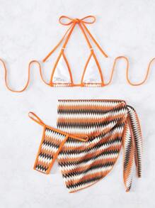 Swim SXY Conjunto de bikini halter de triángulo con estampado de chevron para playa de verano con falda de cobertura, traje de baño