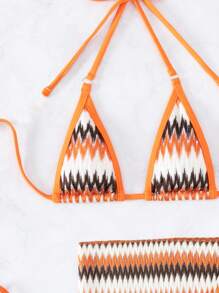 Swim SXY Conjunto de bikini halter de triángulo con estampado de chevron para playa de verano con falda de cobertura, traje de baño