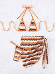 Swim SXY Conjunto de bikini halter de triángulo con estampado de chevron para playa de verano con falda de cobertura, traje de baño