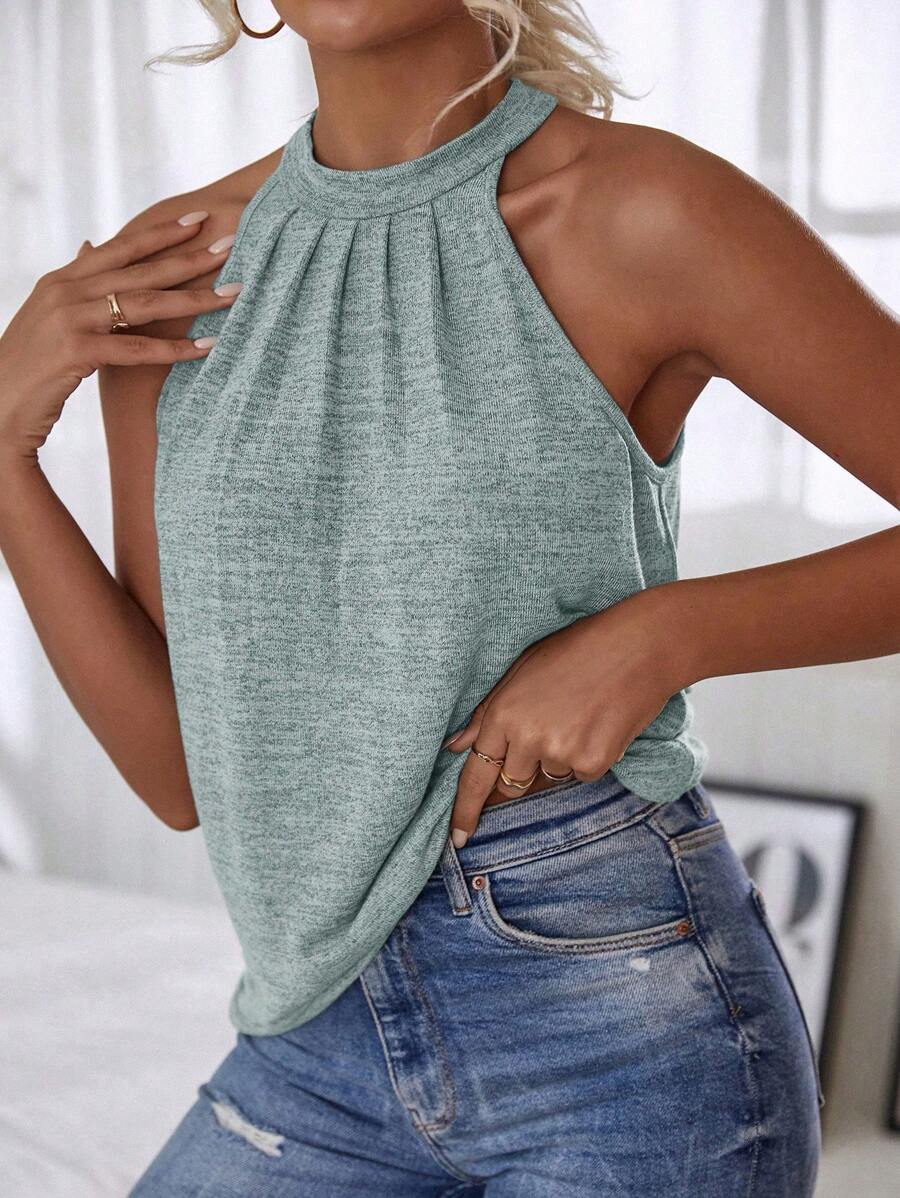 SHEIN Privé 後鎖孔掛脖上衣 - 霧霾藍 - 查看 1