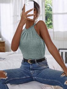 SHEIN Privé 後鎖孔掛脖上衣 - 霧霾藍 - 查看 5