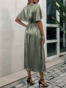 SHEIN Clasi 素色蝙蝠袖高衩緞面連衣裙 - 綠色 - 查看 2