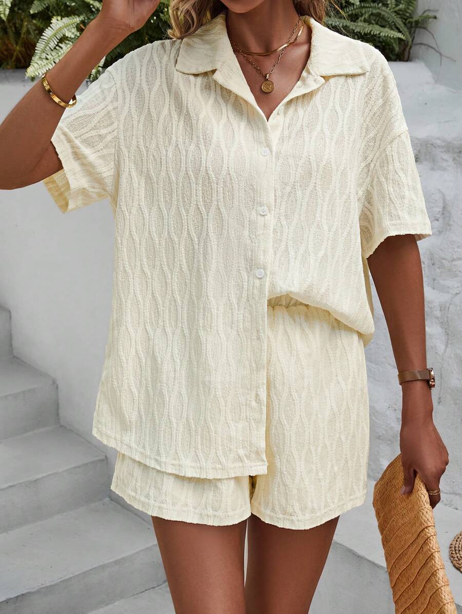 SHEIN Holidaya Solid Drop Shoulder Shirt & Shorts - Apricot - View 1