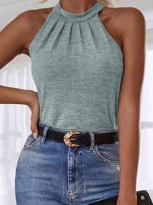 SHEIN Privé 後鎖孔掛脖上衣 - 霧霾藍 - 查看 7