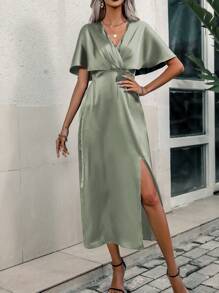 SHEIN Clasi 素色蝙蝠袖高衩緞面連衣裙 - 綠色 - 查看 6