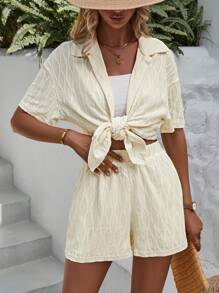 SHEIN Holidaya Solid Drop Shoulder Shirt & Shorts - Apricot - View 5