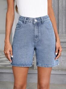 Quần short denim nữ Nút Túi Dây kéo màu trơn - Màu xanh lam - Xem 4