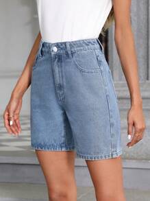 Quần short denim nữ Nút Túi Dây kéo màu trơn - Màu xanh lam - Xem 5