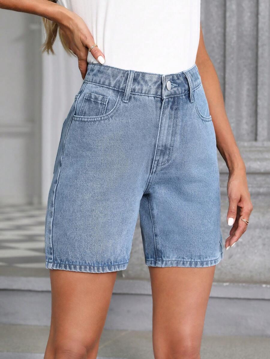 Quần short denim nữ Nút Túi Dây kéo màu trơn - Màu xanh lam - Xem 1