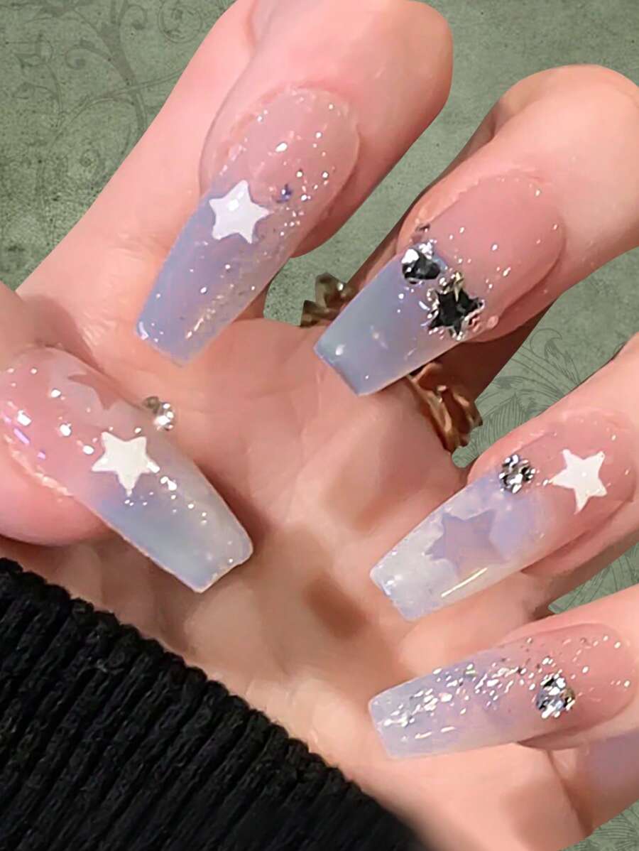 ROMWE Grunge Punk 24pcs Long Coffin 3D Rhinestone Star Decor Fake Nail Kit - Multicolor - View 1