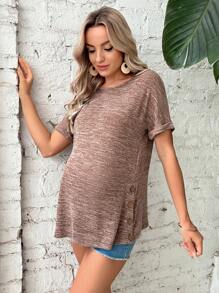 SHEIN Maternity Marled Knit Button Detail Tee - Khaki - View 1