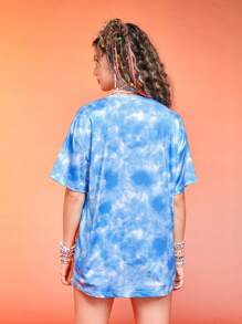ROMWE Kawaii 紮染落肩T恤 - 藍色 - 查看 2