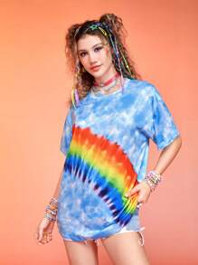 ROMWE Kawaii 紮染落肩T恤 - 藍色 - 查看 3