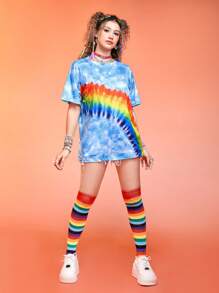 ROMWE Kawaii 紮染落肩T恤 - 藍色 - 查看 6