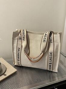 Letter Graphic Shoulder Tote Bag Medium Double Handle - Beige - View 2