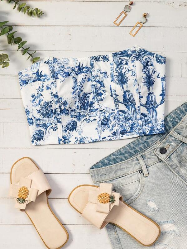 Soleia WYWH Vacation Blue&White Figura și corset cu imprimeu floral Top cu umeri