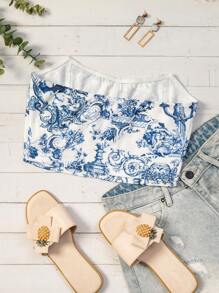 Soleia WYWH Vacation Blue&White Figura și corset cu imprimeu floral Top cu umeri
