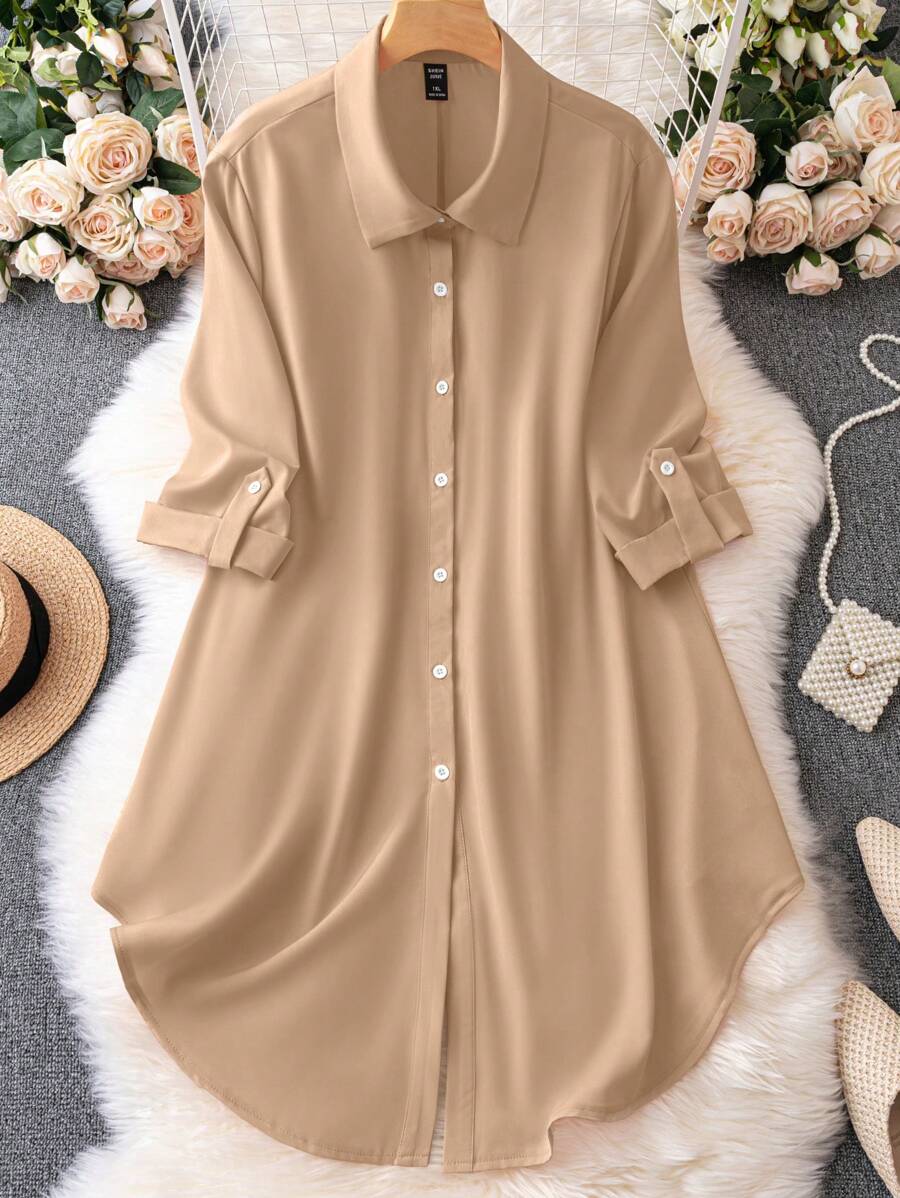 SHEIN Clasi Plus Size Women's Solid Color Buttoned Half Sleeve Dress With Turn-Down Collar Fall Cloth For Women - Khaki - View 1