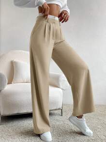 SHEIN EZwear 秋冬女装夏季拼接腰部西装裤 - 杏色 - 查看 3