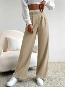 SHEIN EZwear 秋冬女装夏季拼接腰部西装裤 - 杏色 - 查看 4