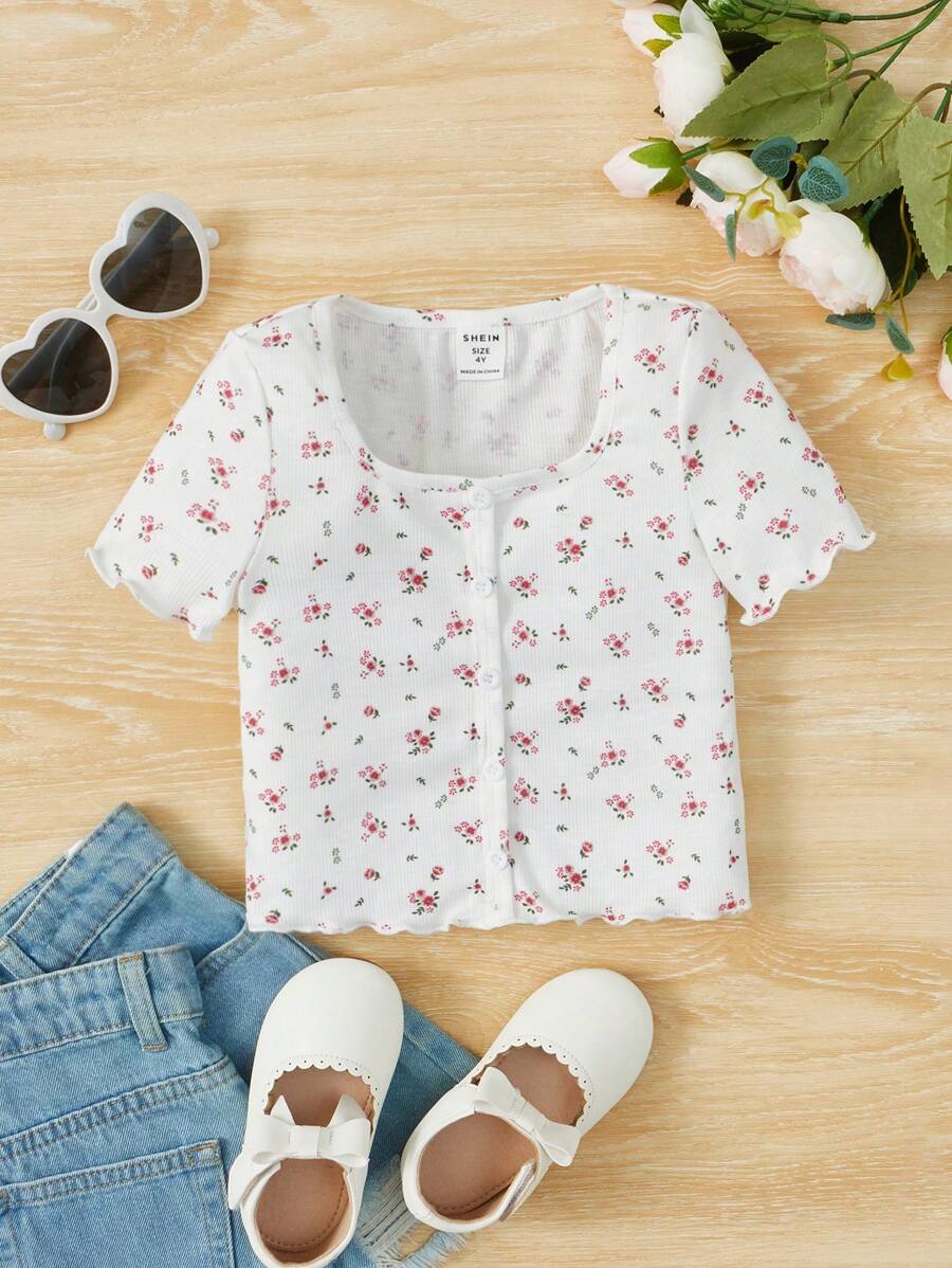 SHEIN Young Girl's Casual Spring/Summer Knitted Ditsy Floral Square Neck Short Sleeve Top