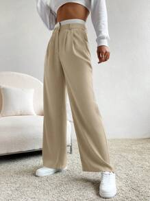 SHEIN EZwear 秋冬女装夏季拼接腰部西装裤 - 杏色 - 查看 5