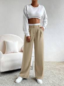 SHEIN EZwear 秋冬女装夏季拼接腰部西装裤 - 杏色 - 查看 6