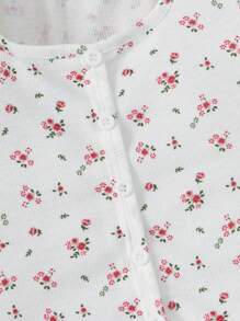 SHEIN Young Girl's Casual Spring/Summer Knitted Ditsy Floral Square Neck Short Sleeve Top