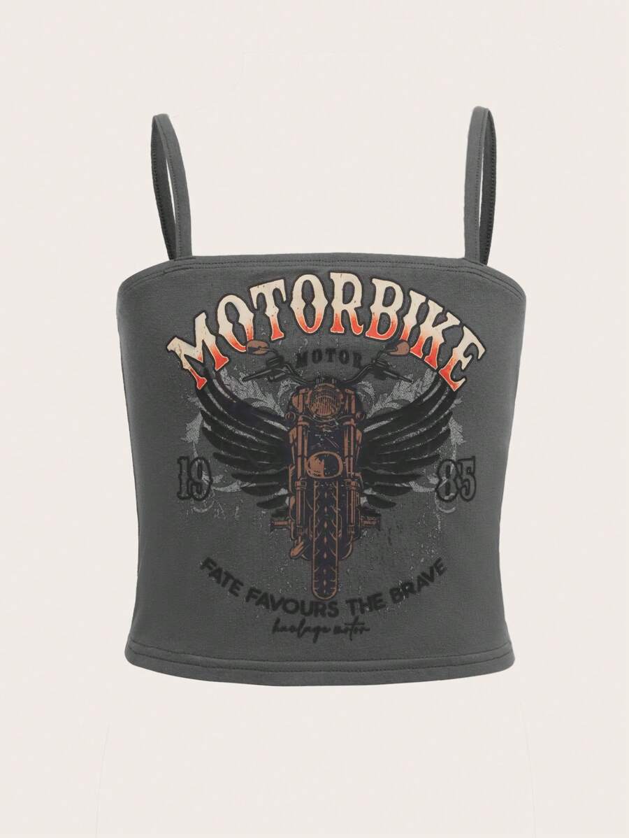 SHEIN Tween Girl Wings & Slogan Graphic Cami Top - Dark Grey - View 1