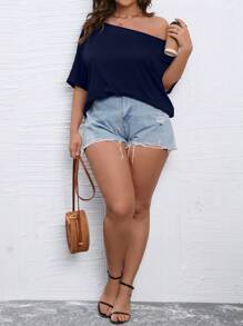 Calvaya Áo thun Plus size màu trơn Giải trí - Màu xanh hải quân - Xem 4