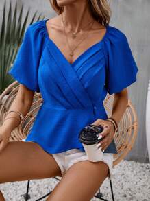 SHEIN LUNE Solid Wrap Detail Peplum Blouse - Blue - View 7