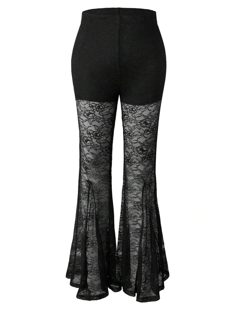 PUNK Quần Plus Size Tương phản ren màu trơn Thanh lịch - màu đen - Xem 1