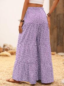 SHEIN VCAY Pantalones de pierna ancha con estampado floral bajo con fruncido - Lila Púrpura - Ver 2