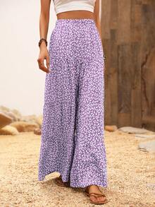 SHEIN VCAY Pantalones de pierna ancha con estampado floral bajo con fruncido - Lila Púrpura - Ver 4