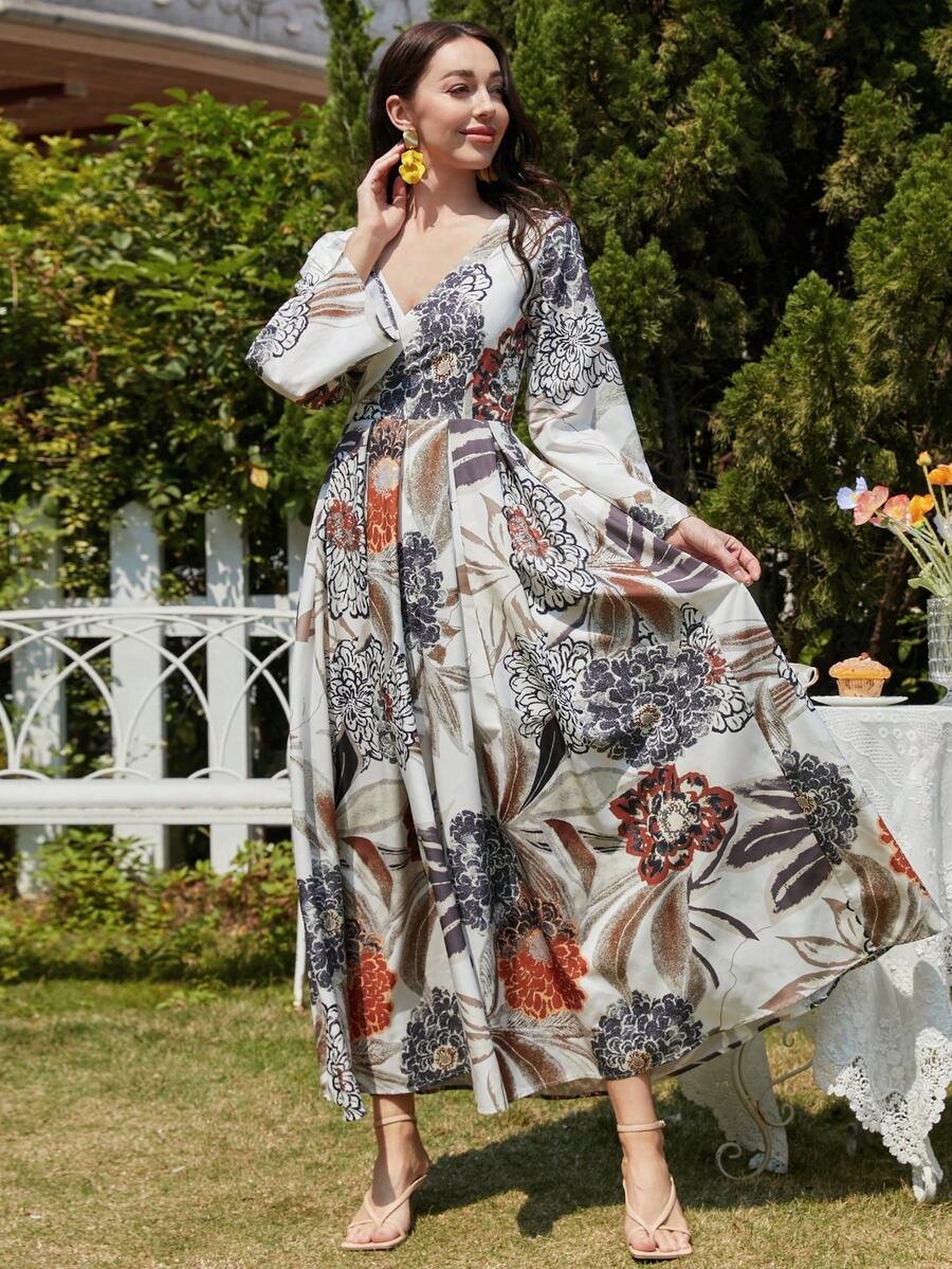Floral Print Flounce Sleeve Dress - White - View 1