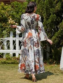 Floral Print Flounce Sleeve Dress - White - View 2