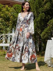 Floral Print Flounce Sleeve Dress - White - View 3