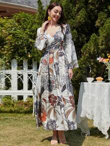 Floral Print Flounce Sleeve Dress - White - View 4