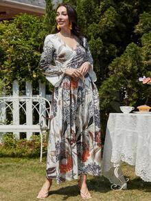 Floral Print Flounce Sleeve Dress - White - View 5