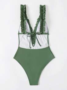 Frill Trim Plunge Neck Frill Trim One Piece Swimsuit - Army Green - View 2