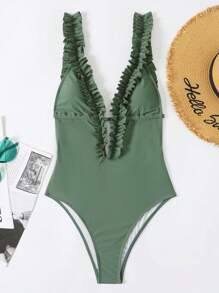 Frill Trim Plunge Neck Frill Trim One Piece Swimsuit - Army Green - View 3