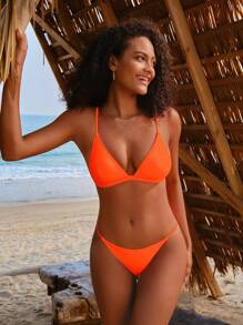 SHEIN Swim Conjunto de bikini sólido en forma de triángulo con tirantes espagueti, traje de baño para playa de verano - Naranja - Ver 1