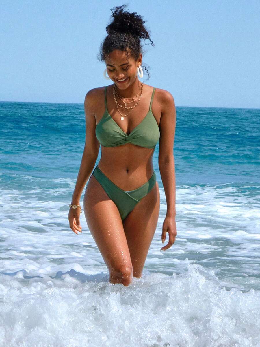 Swim Vcay 素色羅紋比基尼泳裝 - 綠色 - 查看 1