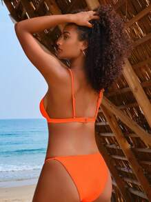 SHEIN Swim Conjunto de bikini sólido en forma de triángulo con tirantes espagueti, traje de baño para playa de verano - Naranja - Ver 3