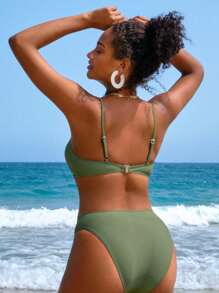 Swim Vcay 素色羅紋比基尼泳裝 - 綠色 - 查看 3