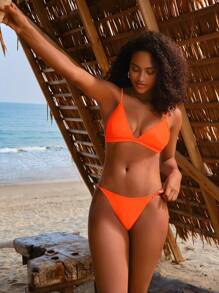 SHEIN Swim Conjunto de bikini sólido en forma de triángulo con tirantes espagueti, traje de baño para playa de verano - Naranja - Ver 6