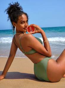 Swim Vcay 素色羅紋比基尼泳裝 - 綠色 - 查看 6