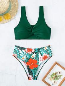 扭結熱帶印花女士泳衣套裝 - 彩色 - 查看 3